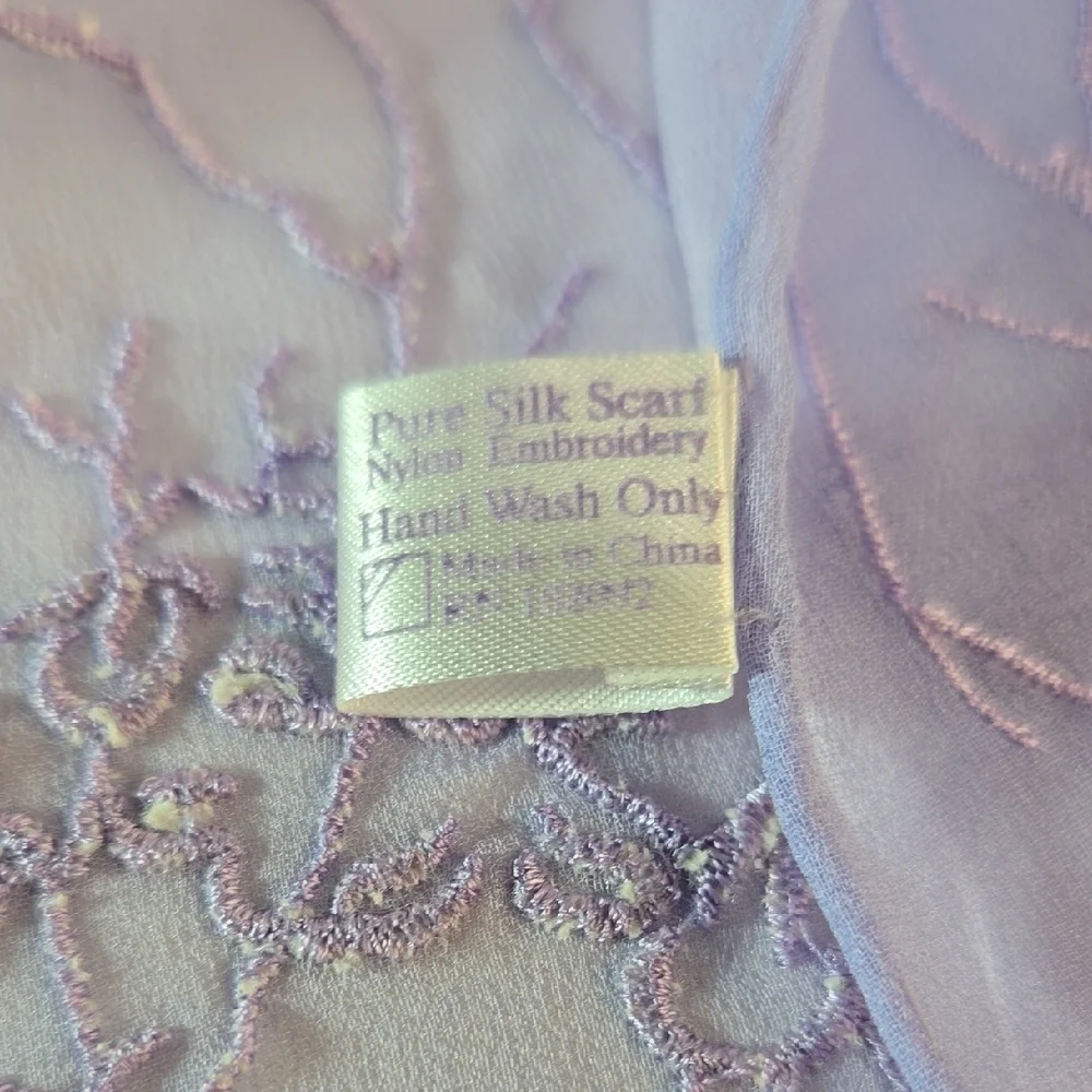 NIB Lavender Floral Embroidered Silk Sheer Scarf Exclusive